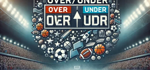 "Illustration of Understanding Over/Under Betting in sports, featuring a scoreboard with arrows indicating Over and Under options, and sports elements like a football, basketball, and soccer ball, with a stadium background.