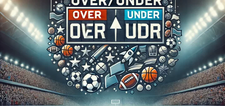 "Illustration of Understanding Over/Under Betting in sports, featuring a scoreboard with arrows indicating Over and Under options, and sports elements like a football, basketball, and soccer ball, with a stadium background.