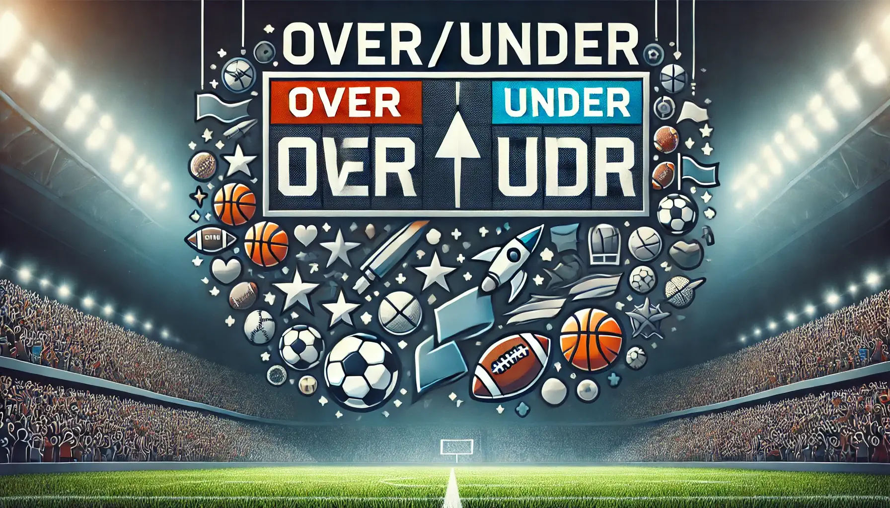 "Illustration of Understanding Over/Under Betting in sports, featuring a scoreboard with arrows indicating Over and Under options, and sports elements like a football, basketball, and soccer ball, with a stadium background.